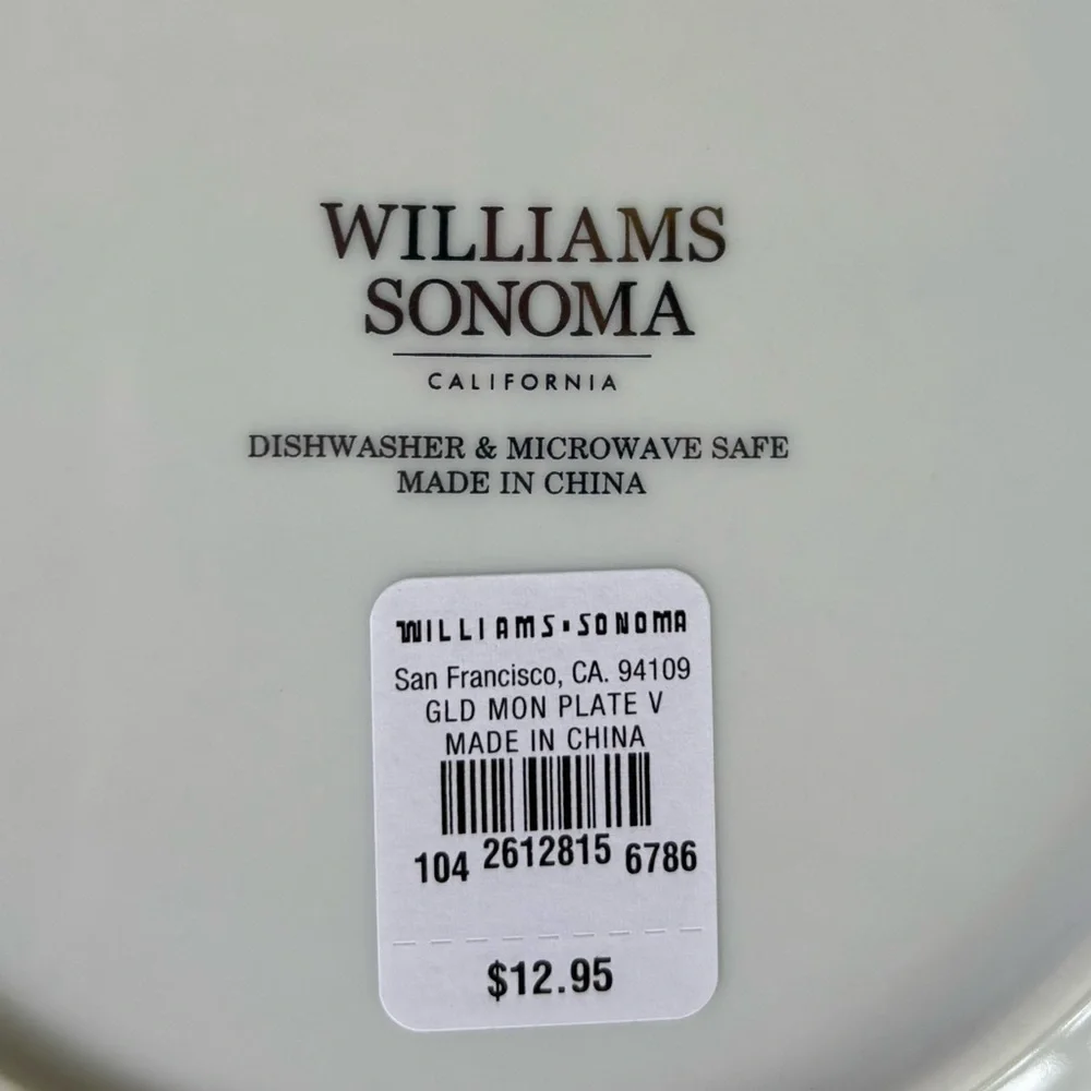 Set of 3 New Williams Sonoma White & Gold Monogram Initial V Appetizer Plates